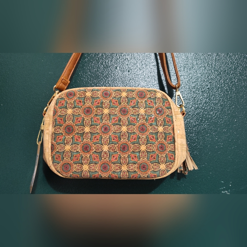 Patterned Cork Crossbody Bag with Tan Strap